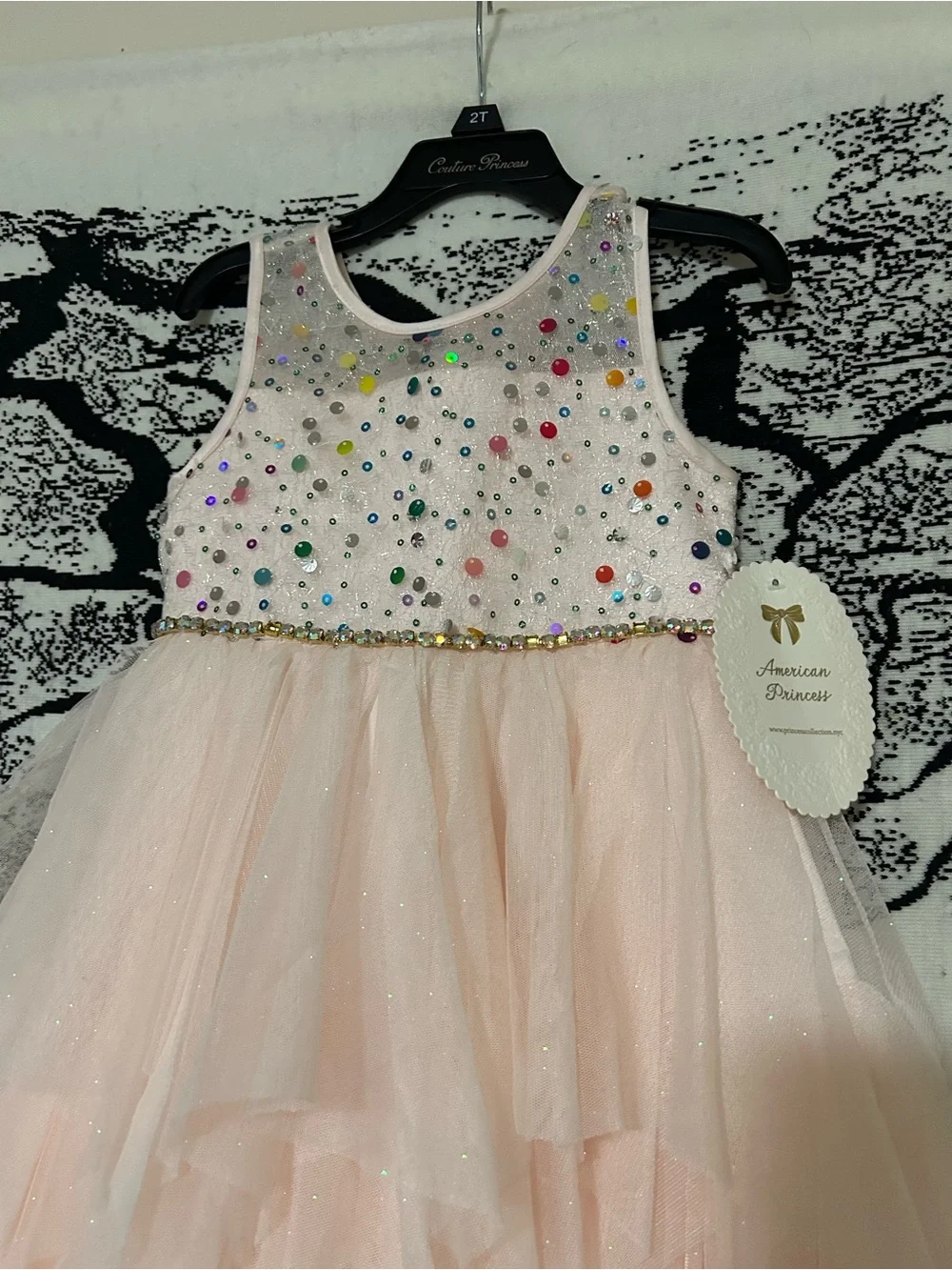 American Princess Pink and White Beaded Tulle Party Dress